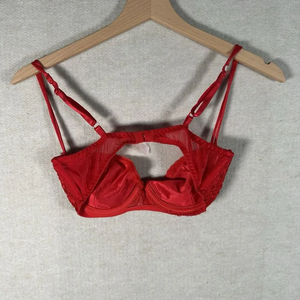 Vintage Victoria’s Secret Red Lace Bra GOLD Label Rare Double Strap 34B READ DES